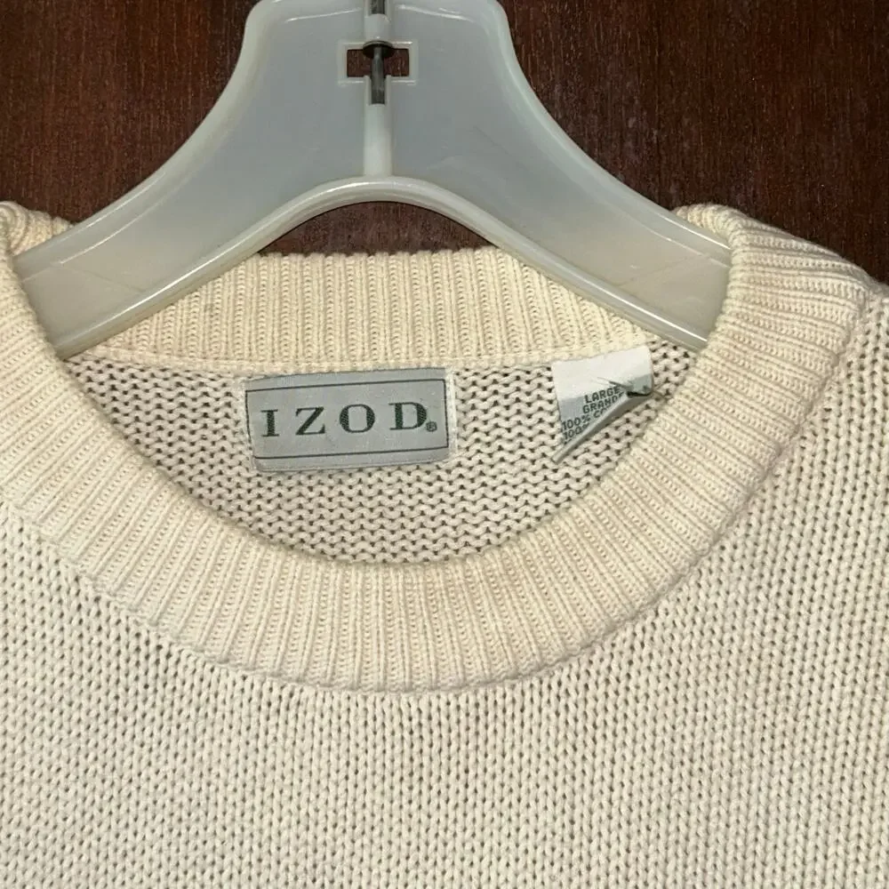 Vtg Izod Sweater Pull Over Embroidered Golf Clubs 100% Cotton Knit Cream Large